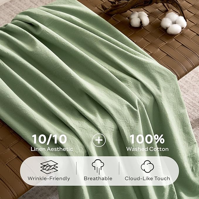 JELLYMONI 100% Washed Cotton Duvet Cover Twin – Soft, Breathable Linen-Look Bedding with Natural Wrinkle Texture, Button Closure, 3-Piece Set (Mint Green, 68"x90")