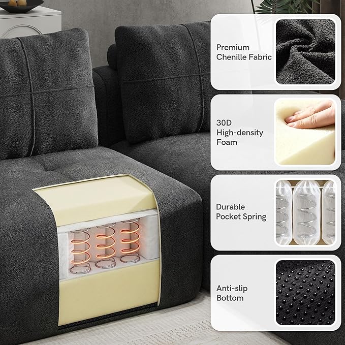 Boneless Couches for Living Room L Shaped Couch Modular Sectional Sofa 112'' Comfy Deep Seat No Assembly Couch Grey Modern 3 Seater Chenille Boneless Sofa with Ottoman for Bedroom Apartment