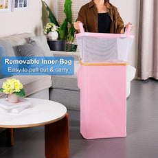 efluky Slim Laundry Basket with Lid, Narrow Laundry Hamper with Removable Bag, Skinny Dirty Clothes Basket with Bamboo Handles for Bathroom, Bedroom & Laundry Room, 75L Pink