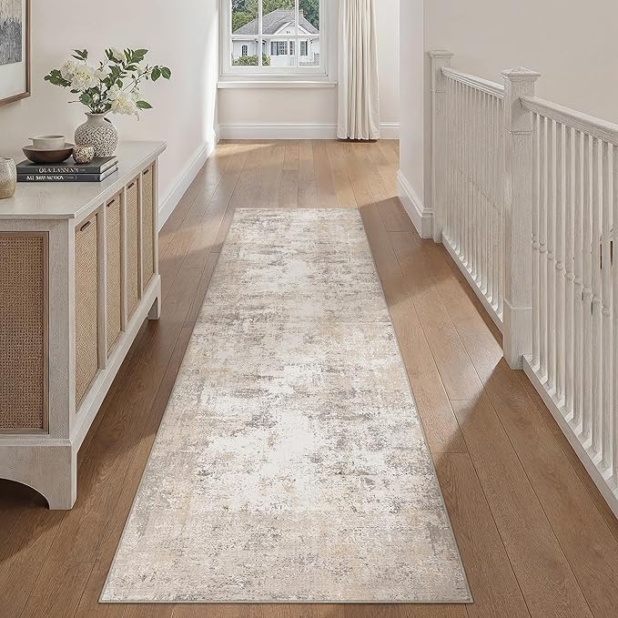 2x7 Washable Runner Rug Beige Grey Abstract Hallway Kitchen Throw Rug Neutral Modern Non Slip Soft Low Pile Carpet for Bathroom Laundry Bedroom Living Room