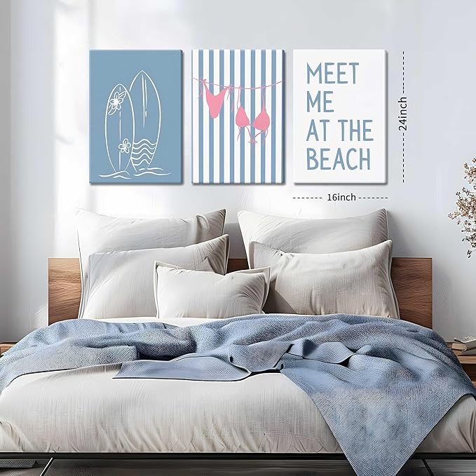 Coastal Beach Surfing Wall Art Set of 3, Preppy Bikini Shells Canvas Wall Decor Paintings, Blue Summer Meet Me at the Beach Posters Prints Pictures for Girly Dorm Bedroom Bathroom 16x24 Inch Framed