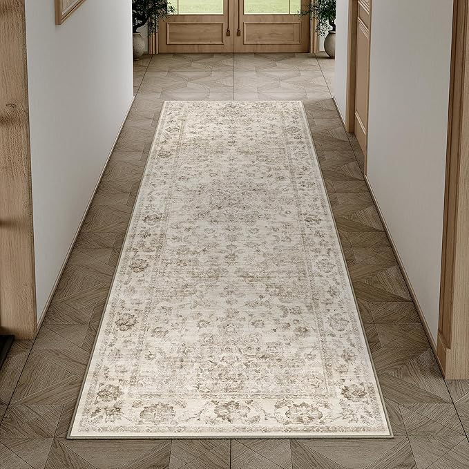 3x7 Washable Neutral Runner Rug Beige Vintage Hallway Kitchen Carpet Non-Slip Soft Low Pile Floral Throw Rug for Bedroom Bathroom Laundry Living Room