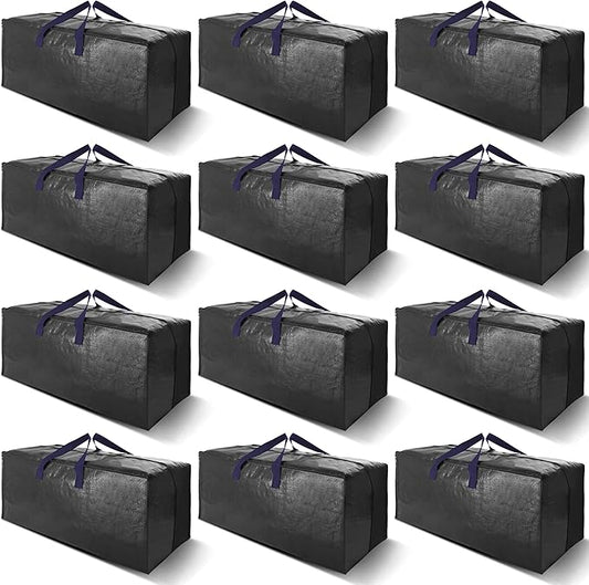 12 Pack Heavy Duty Extra Large Moving Bags W/Backpack Straps - Strong Handles & Zippers, Storage Totes For Space Saving, Fold Flat, Alternative to Moving Box and Storage Bin, Black