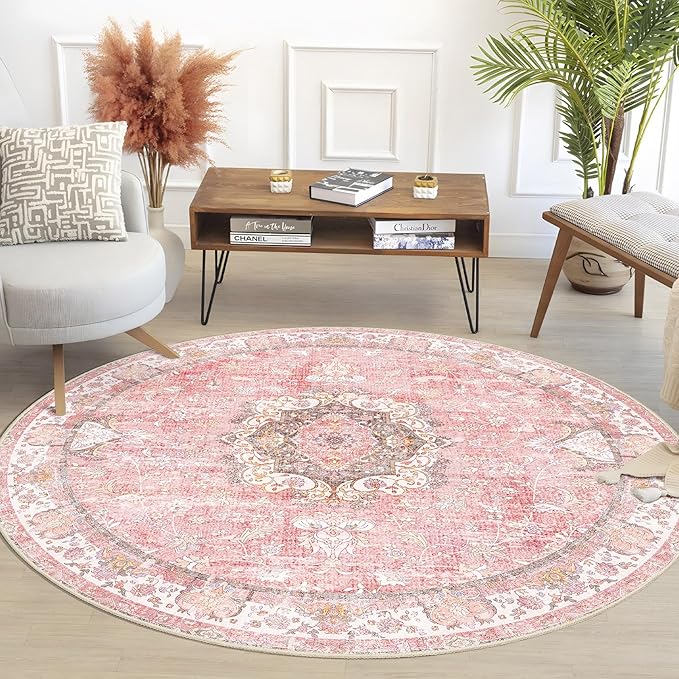 Pink Round Rug 5ft, Circle Boho Area Rugs for Bedroom Living Room Bedside,Washable Vintage Bohemian Distressed Oriental Floral Carpet Non Slip,Blush Floral Flowers