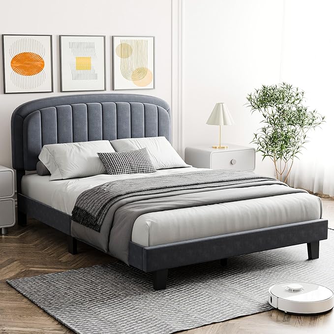 Cozy Castle Full Size Bed Frame with Adjustable Vertical Channel Tufted Headboard, Velvet Upholstered Platform Bed with Wood Slats, Mattress Foundation, No Box Spring Needed, Easy Assembly, Gray