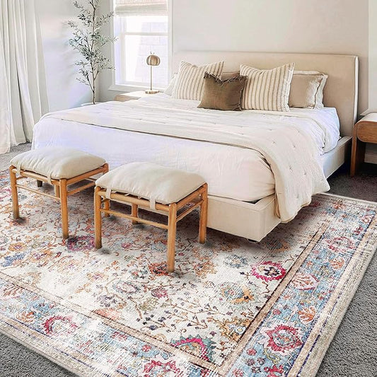 Washable Area Rug 3'x5' Vintage Traditional Floor Cover Foldable Thin Retro Accent Indoor Distressed Non Slip Carpet Floral Print Mat Bedroom Living Room