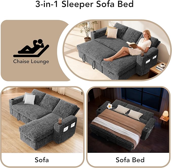 Sunny Heart L-Shaped Sleeper Sofa with Pull Out Bed, 82" Sectional Couch with Reclining Backrest, Reversible Storage Chaise, Armrest Storage, Cup Holders, Side Pockets, Tool-Free Assembly, Grey
