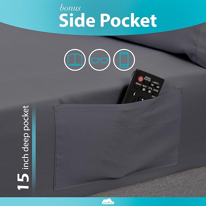 DREAMCARE Twin XL Sheet Sets – 3pcs Cooling Sheets – up to 15” Deep Pocket Twin XL Sheets Set – Hotel Luxury Sheets & Pillowcases – Superior Softness 100% Fine Microfiber with Side Pocket – Gray DREAMCARE