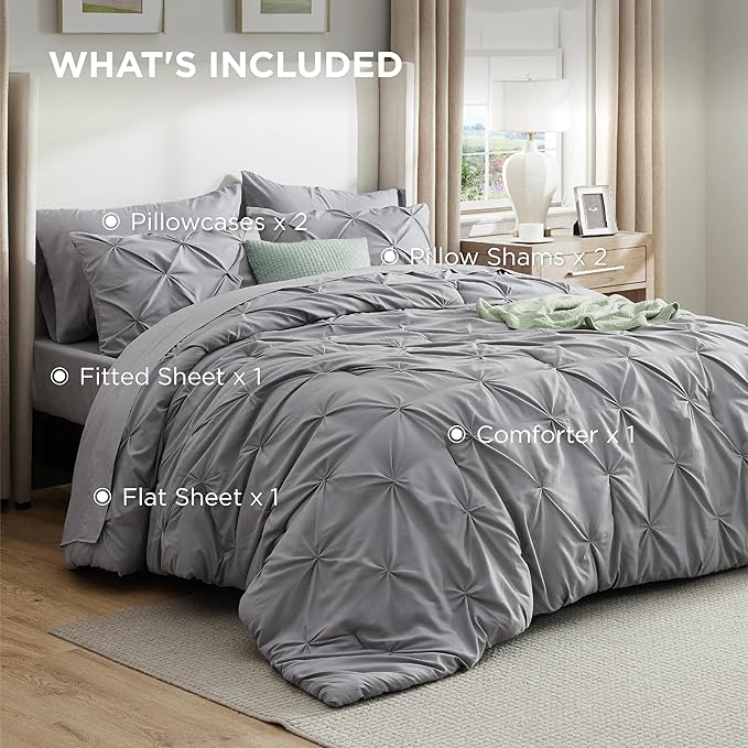 Bedsure Queen Comforter Set Grey - Bed in a Bag Queen Size Bedding 7 Pieces, GentleSoft™ Pintuck Bed Set Gift for Family, Pinch Pleat All Season Comforter with Sheets, Pillowcases & Shams