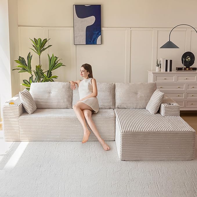 MAXYOYO 104" Modular Sectional Couch with L-Shape Chaise, Modern Boneless Couch for Living Room, Sofa in A Box, Oversized Sofa Sleeper with Deep Seat, No Assembly Required, Grayish Beige