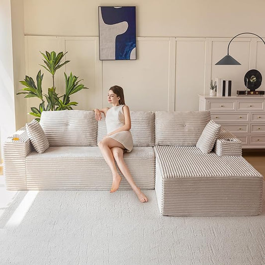 MAXYOYO 104" Modular Sectional Couch with L-Shape Chaise, Modern Boneless Couch for Living Room, Sofa in A Box, Oversized Sofa Sleeper with Deep Seat, No Assembly Required, Grayish Beige