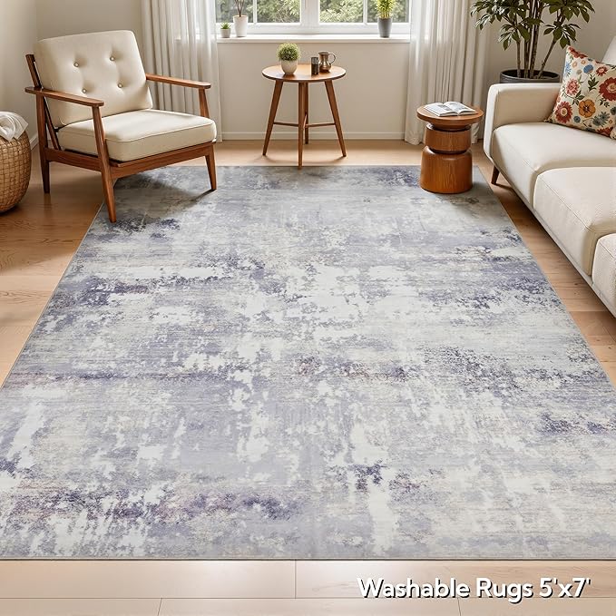 RCTJHOME 5'x7' Washable Area Rugs for loveseat Living Room/Twin Bedroom/Study Room, Modern Abstract Soft Carpet, Low Pile Floor Rug with Non Slip Backing for Dining Room, Light Grey White Watercolor