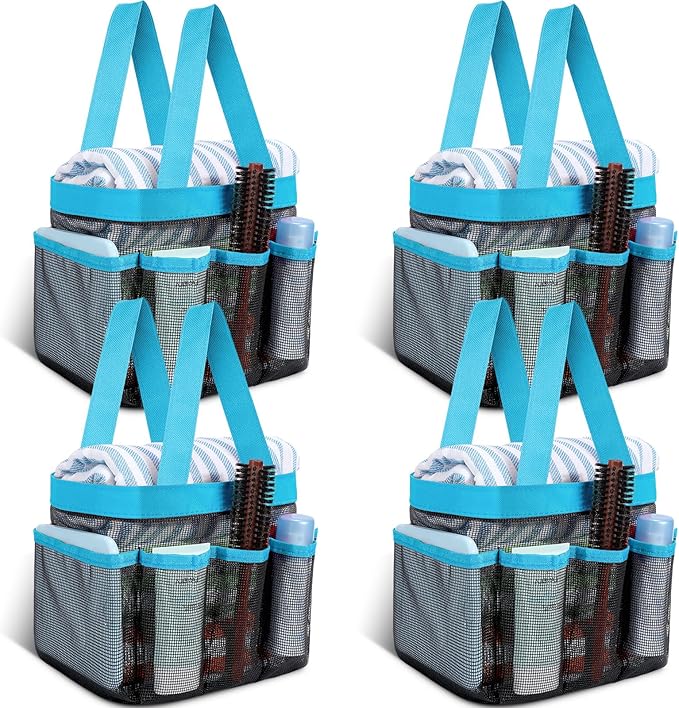 Hillban 4 Pcs Mesh Shower Caddy Portable Large Quick Dry Shower Caddy Basket with Deeper 8 Pockets and 2 Handles Hanging Bag for College Dorm Room(Blue)