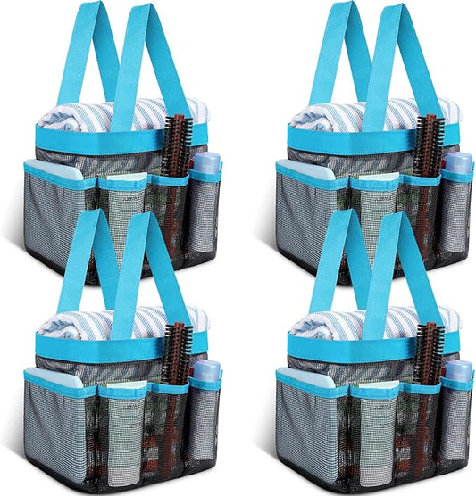 Hillban 4 Pcs Mesh Shower Caddy Portable Large Quick Dry Shower Caddy Basket with Deeper 8 Pockets and 2 Handles Hanging Bag for College Dorm Room(Blue)