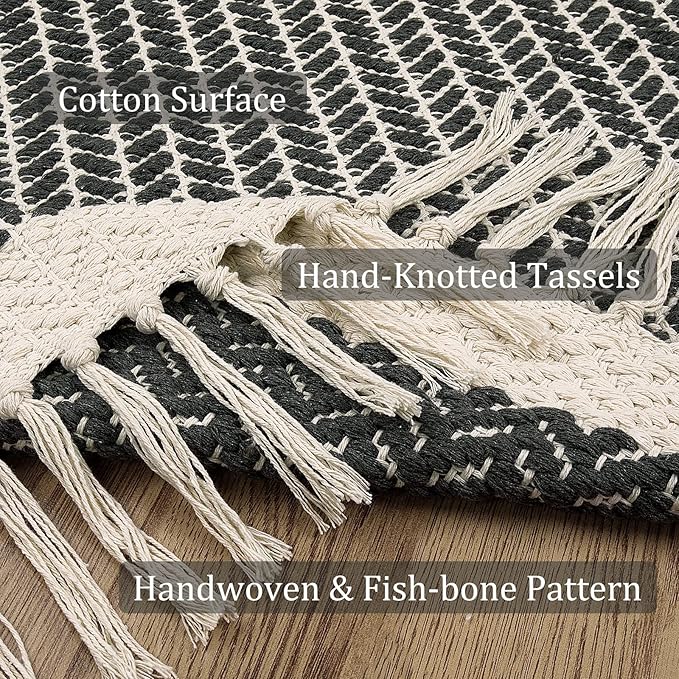 Lahome Boho Bathroom Rugs, Small 2x3 Entry Rug Washable Front Door Bath Mat Woven Cotton Area Rug with Tassels, Farmhouse Non Shedding Lightweight Grey Throw Rug Low Pile Carpet for Kitchen