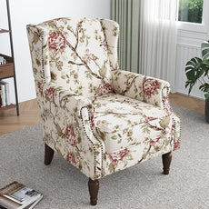 Lumibee Wingback Accent Chair,High Back Floral Armchairs in Fabric,Comfy Upholstered Reading Single Sofa Chair with Solid Wood Legs for Living Room,Bedroom,Office-Floral Beige