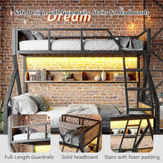 Twin XL over Queen Bunk Bed with Shelves, Metal Bunk Beds with Ladders and Lights, Heavy-duty Bunkbed for Bedrooms, Guest Rooms and Dorms, No Box Spring Needed and Noise-free Design, Woodgrain