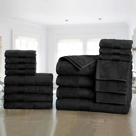 Ample Decor Bathroom Towel Set of 18-4 Hand Towel, 4 Bath Towel, 10 Wash Cloths - Oeko Tex Certified 600 GSM 100% Cotton - High Absorbency Quick Drying, Ideal for Gifting - Black