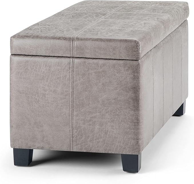 SIMPLIHOME Dover 36 inch Wide Contemporary Rectangle Storage Ottoman Bench in Distressed Grey Taupe Vegan Faux Leather, Assembled, For the Living Room, Entryway and Family Room