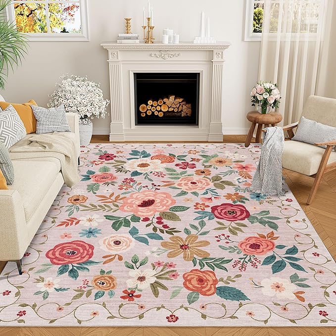 DUKINO 5x7 Area Rug, Floral Rugs for Living Room, Lightweight Non Slip Washable Rug, Indoor Low Pile & Non-Shedding Boho Design Rugs for Bedroom, Living Room, Dining Room, Beige