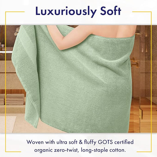 100% Organic Luxury Bath Sheets - GOTS Certified - Extra Large 35x70 Inches (Pack of 2) Zero-Twist, Long-Staple Cotton Bath Sheet Set (Eucalyptus Green)