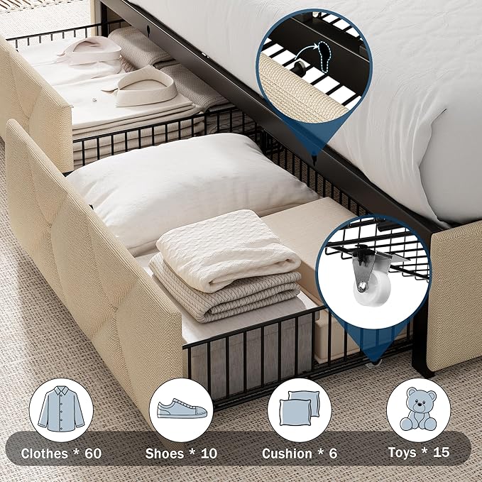 Full Size Bed Frame with 4 Storage Drawers, Upholstered Platform Bed with Charging Station, Modern Wingback Storage Headboard, Easy Assembly,Noise-Free, Beige