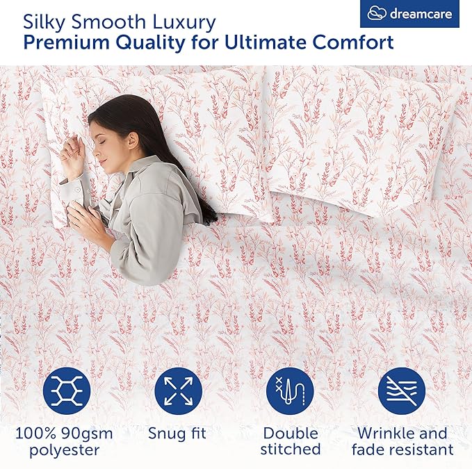 DREAMCARE Queen Size Sheets - Floral Sheets Queen Size Bed Set - 4pcs Queen Sheet Set - Cooling Bed Sheets - Queen Size Sheet Sets - Soft & Long Lasting 100% Brushed Floral Bed Set - Floral Pink DREAMCARE