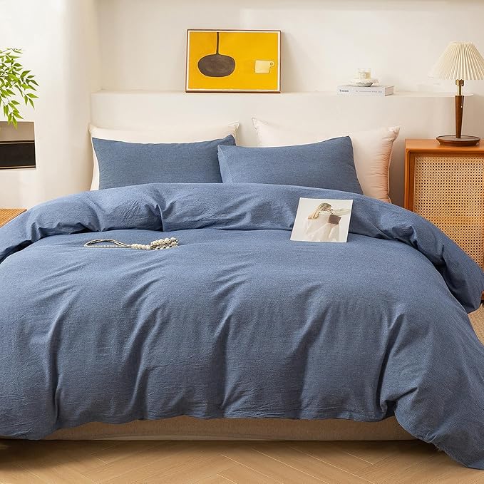 ECOCOTT Denim Blue Duvet Cover King Size, 100% Washed Cotton 1 Duvet Cover with Zipper and 2 Pillowcases, Ultra Soft and Easy Care Breathable Cozy Bedding Set (Denim Blue, King)