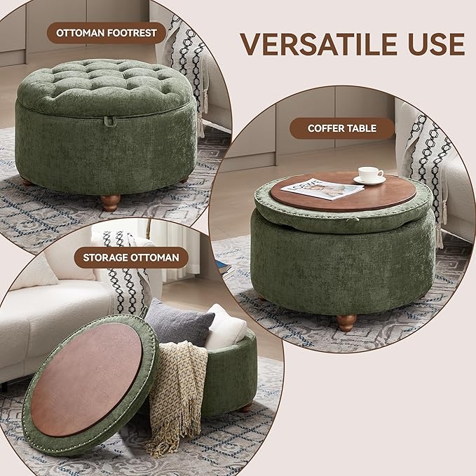 30Inch Round Storage Ottoman with Tray, Modern Tufted Circle Coffee Table with Storage, Upholstered Ottoman with Removable Top for Living Room, Bedroom, Chenille Green