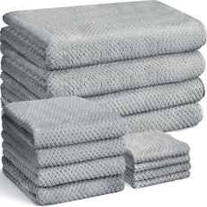 Preboun 12 Pcs Bath Towels and Washcloths 4 Sets Microfiber Bathroom Beach Pool Towel Set Quick Dry Coral Velvet Highly Absorbent for Fitness Sports Shower Travel Spa Hotel(Light Gray)