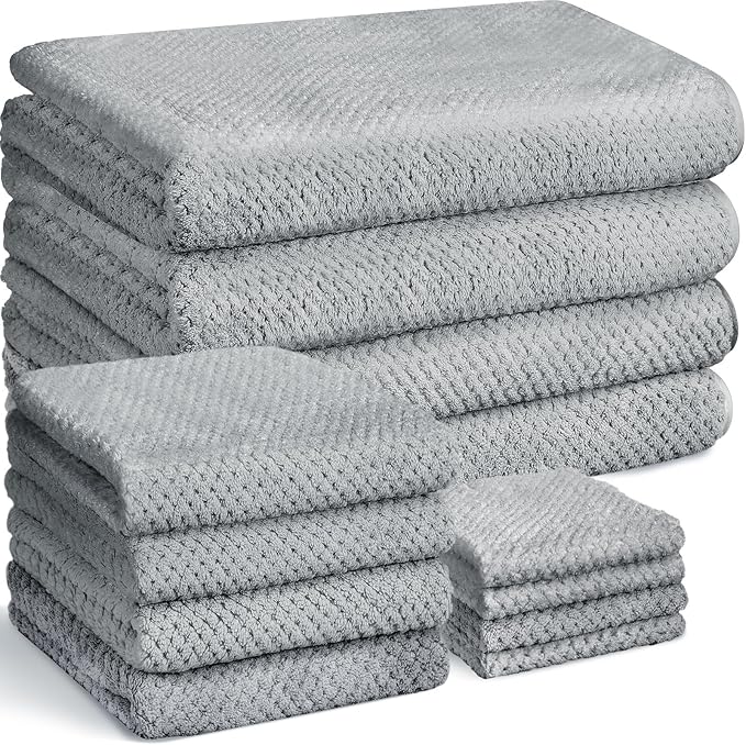 Preboun 12 Pcs Bath Towels and Washcloths 4 Sets Microfiber Bathroom Beach Pool Towel Set Quick Dry Coral Velvet Highly Absorbent for Fitness Sports Shower Travel Spa Hotel(Light Gray)