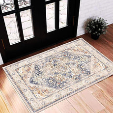 2'x3' Blue Khaki Area Rug Washable Door Mat Vintage Distressed Doormat Indoor Entrance Traditional Thin Floral Print Non Slip Carpet for Kitchen Bathroom Bedroom Living Room
