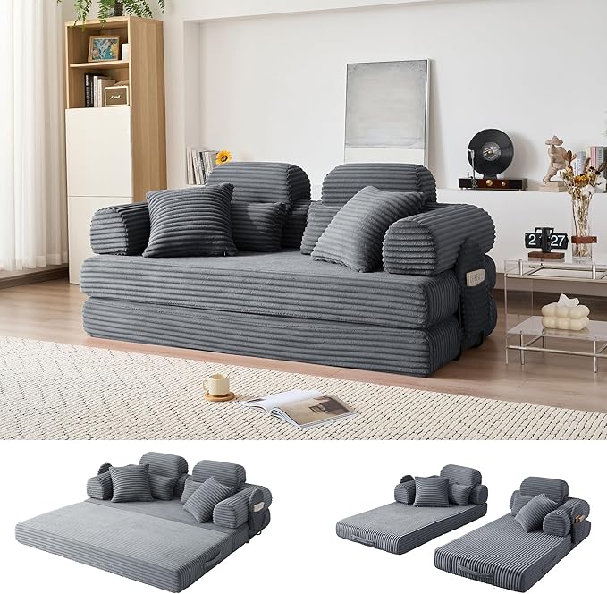 Convertible Sofa Bed with Fixed Frame, Corduroy Futon Boneless Couch with Pillow Headrest, No-Assembly Floor Sofa 79" Extra-Wide Sleeper for Living Room, Bedroom, Lounge, Studio (Dark Gray)