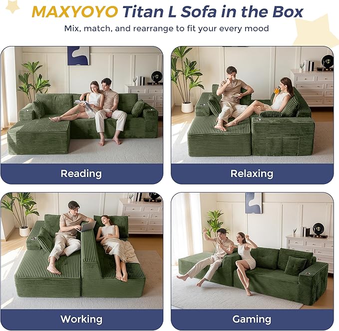 MAXYOYO 104" Modular Sectional Couch with L-Shape Chaise, Modern Boneless Couch for Living Room, Sofa in A Box, Oversized Sofa Sleeper with Deep Seat, No Assembly Required, Green