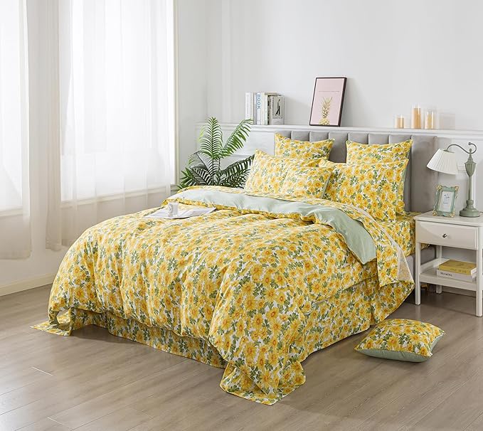 FADFAY Sunflower Duvet Cover Set Full Vintage Yellow Daisy Floral Bedding Shabby Botanical Comforter Cover Set 100% Percale Cotton Ultra Soft Quilt Cover with Hidden Zipper Closure 3Pcs, Full Size
