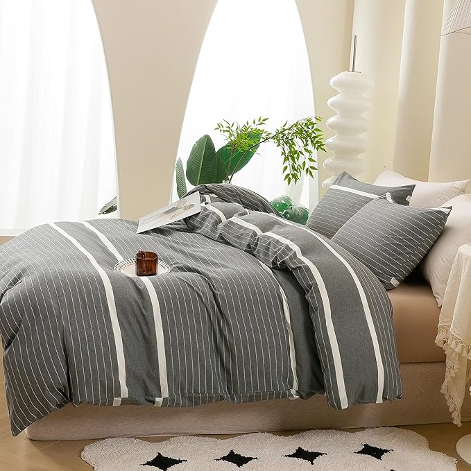 ECOCOTT 3 Pieces Duvet Cover Queen Size, 100% Washed Cotton 1 Duvet Cover with Zipper and 2 Pillowcases, Ultra Soft and Easy Care Breathable Cozy Simple Style Bedding Set(Grey Striped)