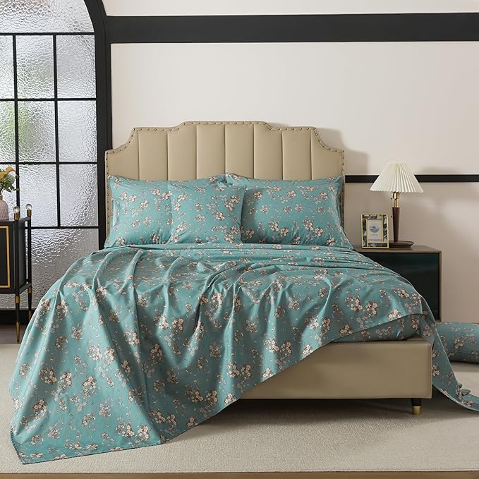 FADFAY 100% Percale Cotton Sheets Set - Vintage Floral & Butterfly Print Bedding - Crisp, Breathable Teal Aqua 4 Piece Sheet Set with Deep Pocket, King Size