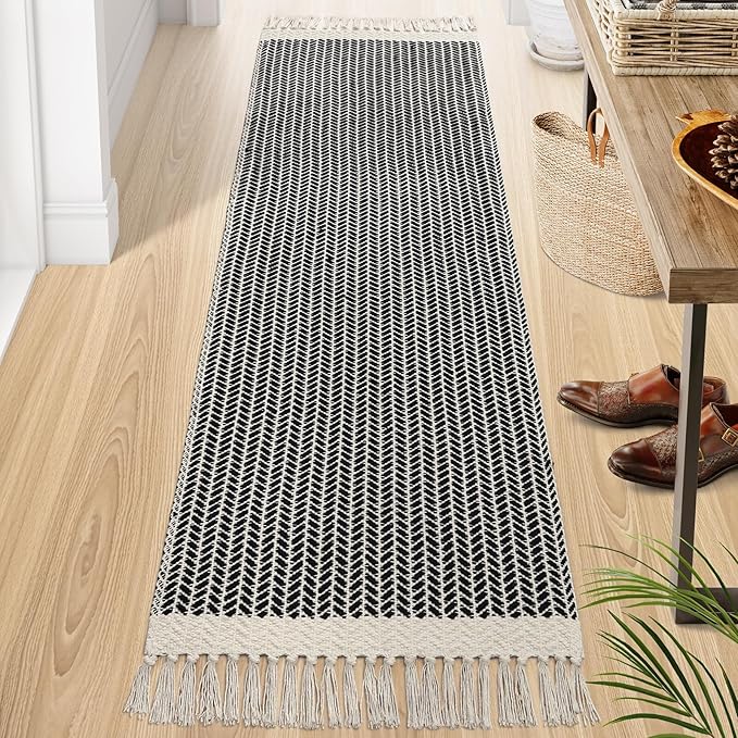 Lahome Boho 2x7 Hallway Runner Rug, Bathroom Runners Lightweight Entry Woven Cotton Black Runner Rug with Tassels, Farmhouse Door Mats Indoor Low Pile Carpet for Laundry Room Decor