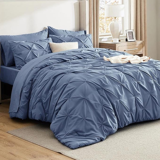 Bedsure Full Comforter Set Slate Blue - Bed in a Bag Full Size Bedding Set 7 Pieces, GentleSoft™ Pintuck Bed Set Gift for Family, Pinch Pleat All Season Comforter with Sheets, Pillowcases & Shams