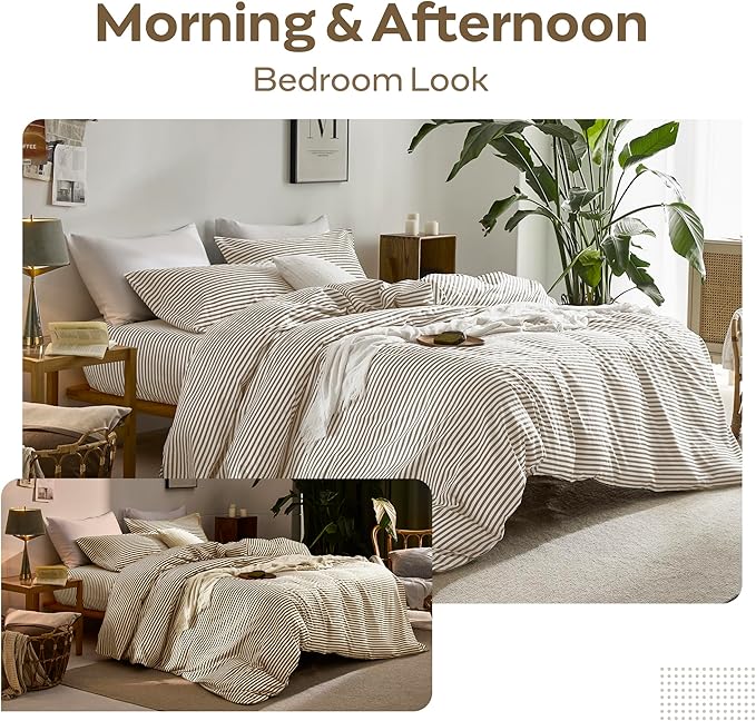 JELLYMONI 100% Natural Cotton 3pcs Striped Duvet Cover Sets,White Duvet Cover with Khaki Stripes Pattern Printed Comforter Cover,with Zipper Closure & Corner Ties(Full Size)