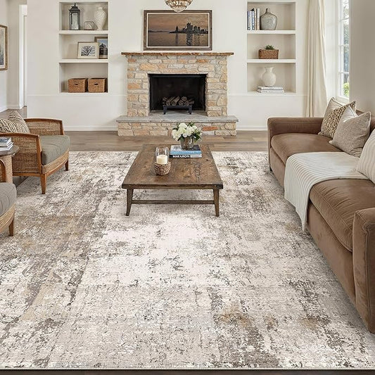 10x12 Area Rug Brown Grey Abstract Living Room Bedroom Washable Carpet Neutral Modern Non Slip Soft Low Pile Indoor Large Throw Rug for Dining Room Office