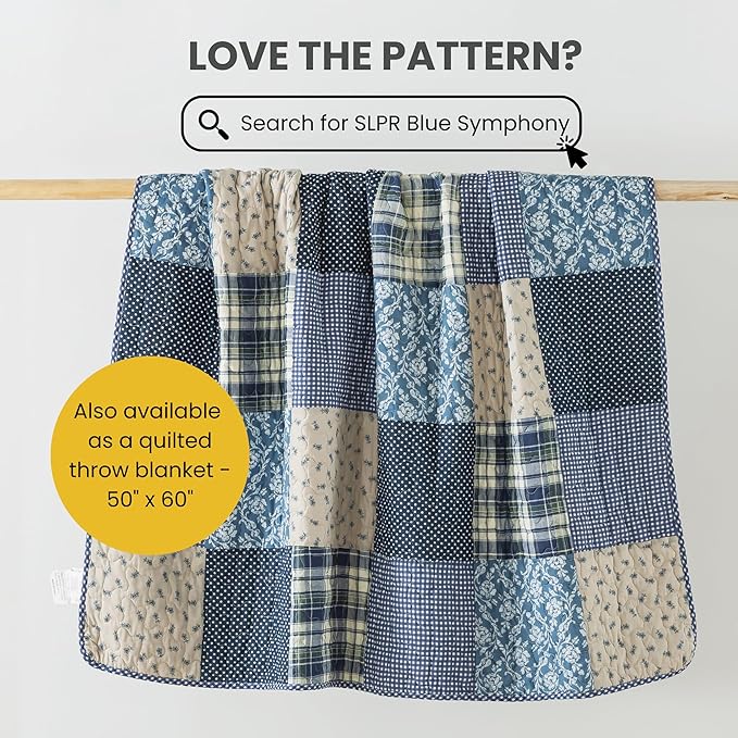 SLPR Blue Symphony Cotton Pieced Quilt Set - Queen with 2 Shams, Farmhouse Patchwork Quilted Bedspread with Check and Plaid Pattern, Lightweight and Cozy Country Checkered Bedding