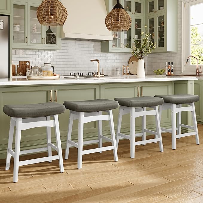 MAISON ARTS White Counter Height Bar Stools Set of 3 for Kitchen Counter Solid Wood Legs with Faux Leather Saddle Seat Farmhouse Barstools for 34"-38" Counter Island Upholstered Stools, 24in Height