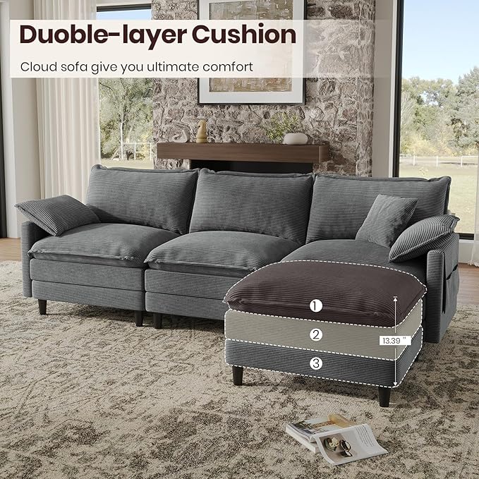 108" L Shaped Modular Sectional Cloud Couch with Ottoman, Snap-on Easy Installation 3 Seater Deep Seat Sofa with Storage Bag and Coffee Table for Living Room, Corduroy, Gray