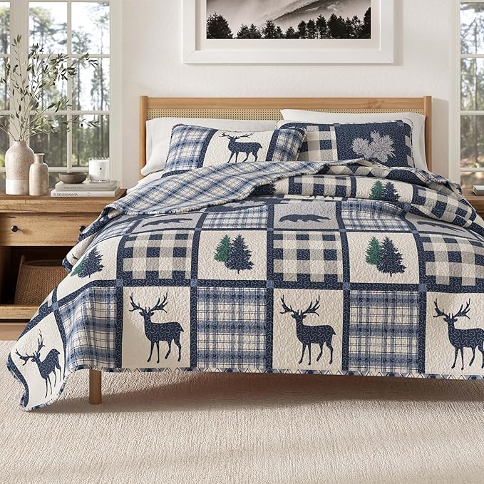 Great Bay Home Lodge Bedspread Full/Queen Size Quilt with 2 Shams. Cabin 3-Piece Reversible All Season Quilt Set. Rustic Quilt Coverlet Bed Set. Stonehurst Collection. (Navy/Grey)