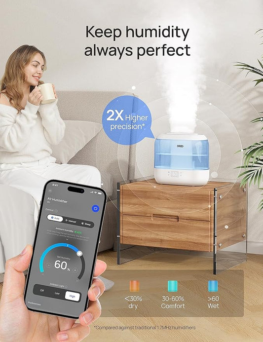 Dreo Humidifiers for Bedroom, Top Fill 4L Smart Cool Mist Humidifier with Oil Diffuser, Cartridge, Nightlight, 36H Runtime, Quiet Ultrasonic Humidifiers for Home, Baby Nursery, Plants, Office, HM311S
