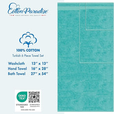 Cotton Paradise 6 Piece Towel Set 100% Cotton Soft Absorbent Turkish Towels for Bathroom 2 Bath Towels 2 Hand Towels 2 Washcloths, Turquoise Towel Set