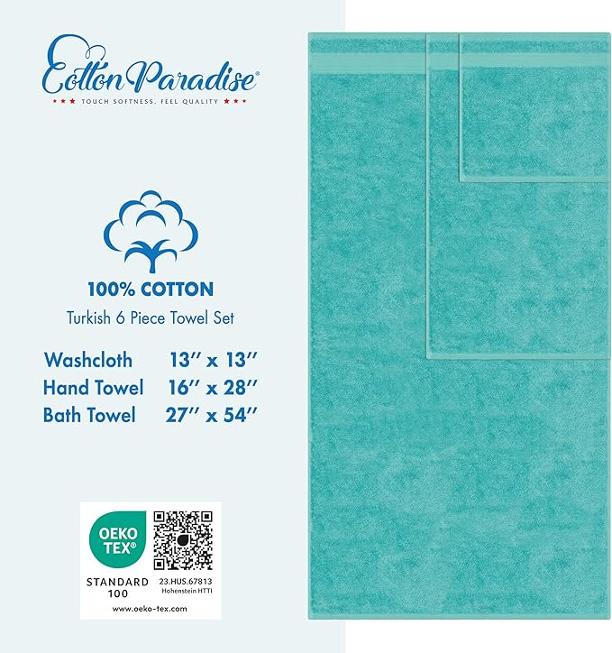 Cotton Paradise 6 Piece Towel Set 100% Cotton Soft Absorbent Turkish Towels for Bathroom 2 Bath Towels 2 Hand Towels 2 Washcloths, Turquoise Towel Set