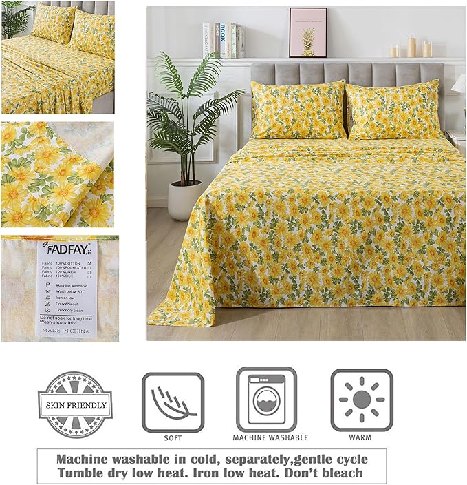 FADFAY Sunflower Sheets Set Full Vintage Yellow Floral Bedding Rustic Botanical Sheets Shabby Floral Farmhouse Bedding 100% Percale Premium Cotton Ultra Soft Deep Pocket Fitted Sheet 4Pcs, Full Size