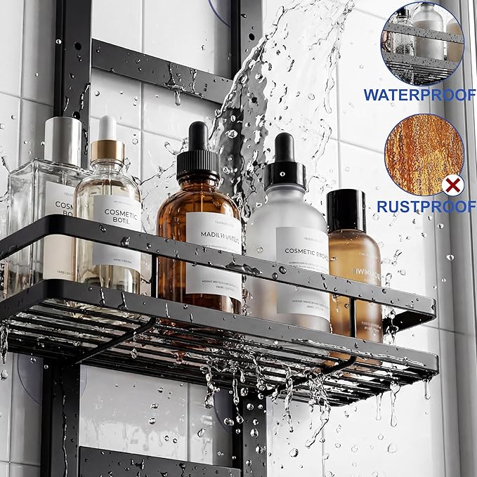 Over the Door Shower Caddy Hanging, Rustproof Shower Shelves with Waterproof Phone Pouch, 2-Tier Adjustable Bathroom Organizers and Storage, No Drilling Shower Shelf, Black Shampoo Soap Holder